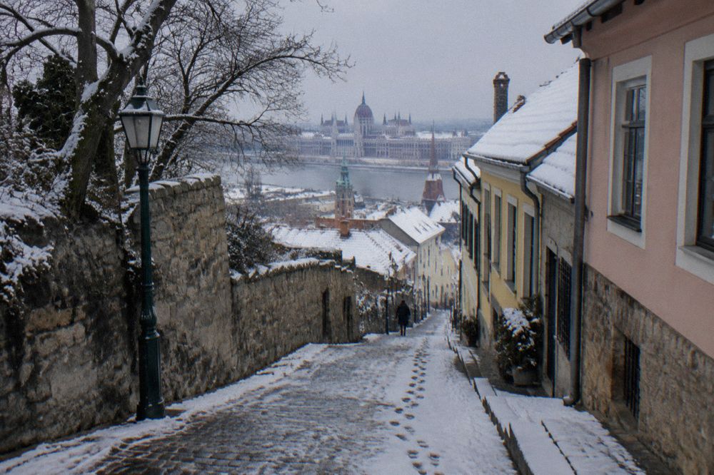 Cobbled street and old walls on Buda Castle Hill