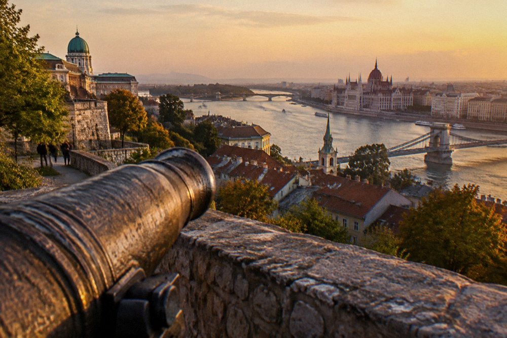 View over Budapest from the Castle Hill ramparts at golden hour