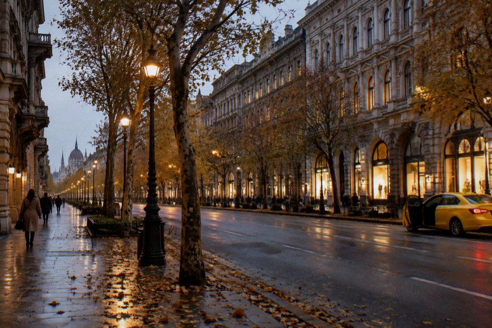 An evening street in Budapest lit by shopfronts and lanterns