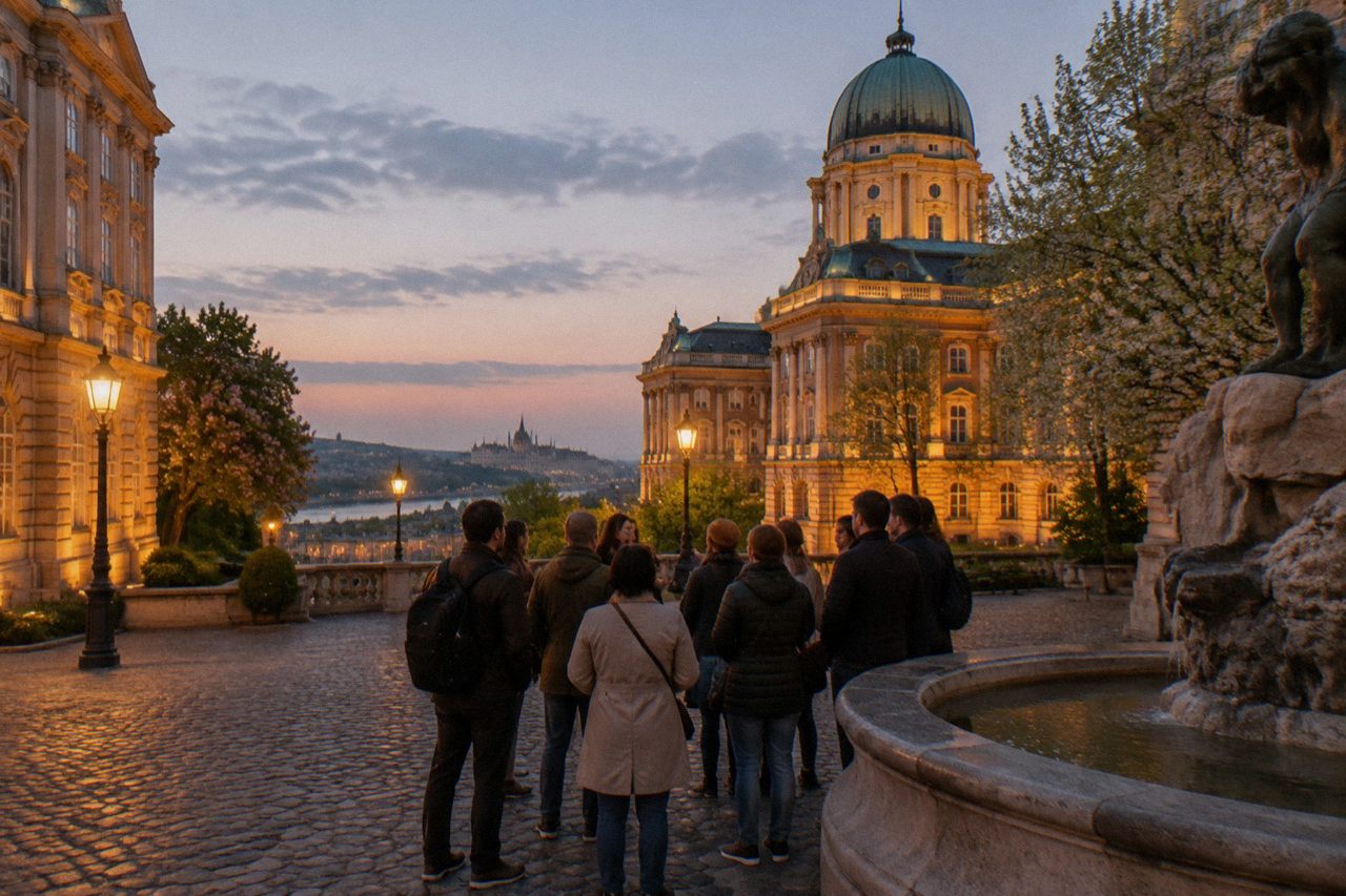 A cobbled castle square in Budapest with baroque facades under evening light