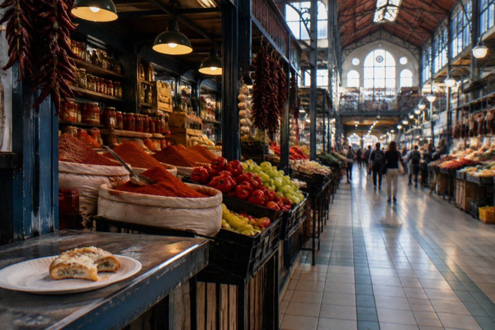 Stalls with produce and goods inside the covered market hall in Budapest.