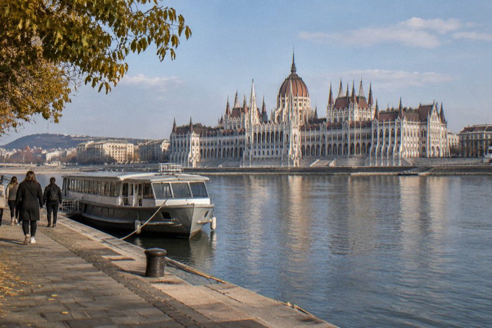 The Hungarian Parliament building seen from across the Danube in daylight