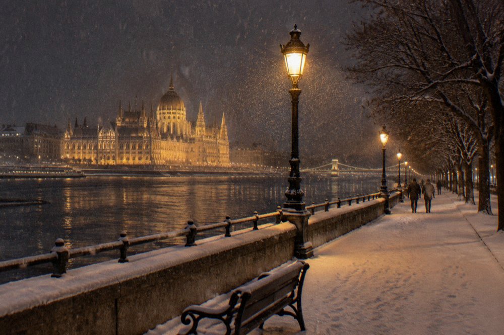 Streetlights along the Danube embankment with the Hungarian Parliament behind