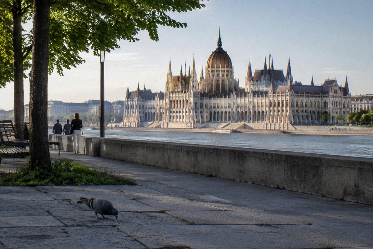 The Hungarian Parliament building rising above the Danube riverfront in Budapest