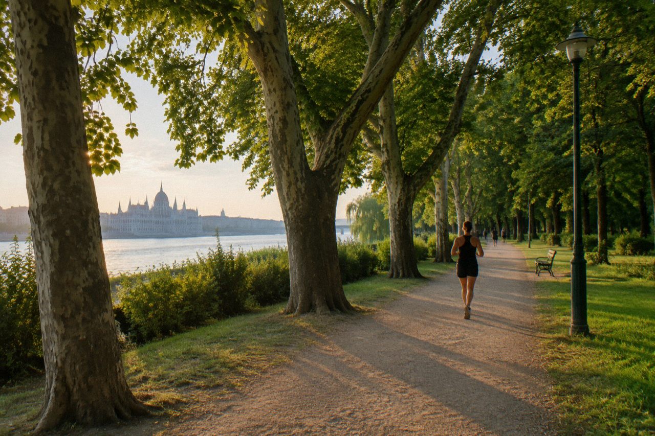 Tree-lined open parkland on Margaret Island with the Danube in the background