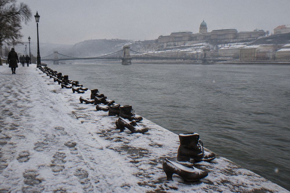 a row of sculpted iron shoes at the edge of the Danube in Budapest