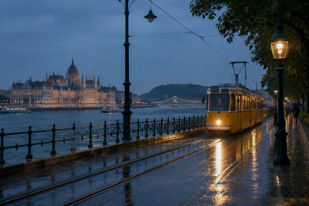 trams running along the Danube embankment in Budapest