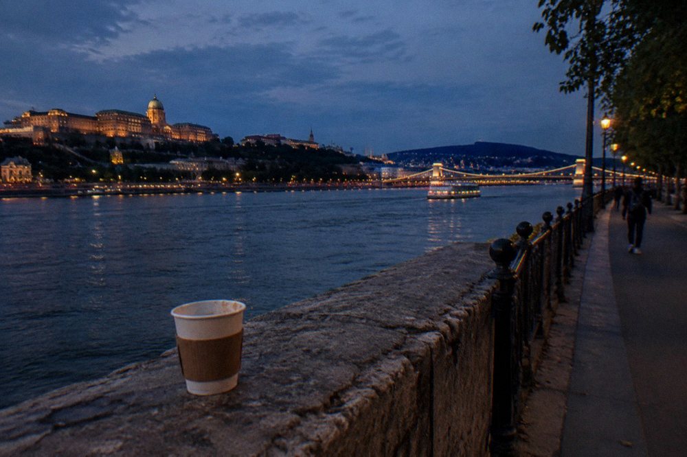 the Danube flowing past the Budapest embankment at dusk