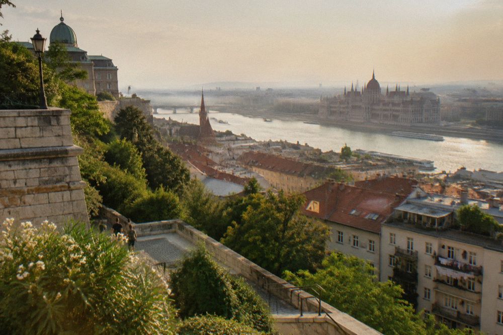 Rooftops of Pest and the Danube seen from a high terrace